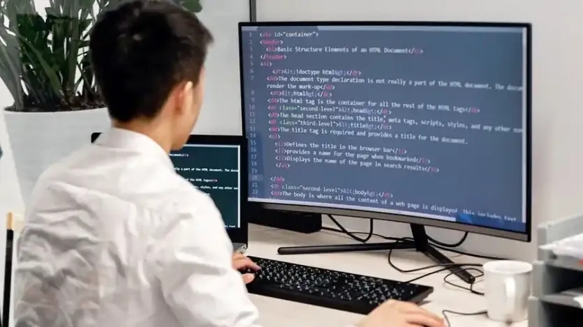 모니터에 코드를 띄우고 작업하는 개발자